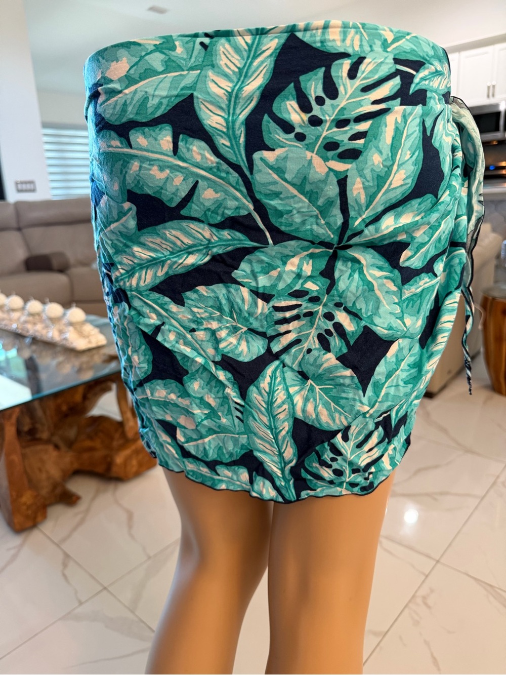 Turquoise Tropical Leaf Swim Sarong Wrap - Women Swim
